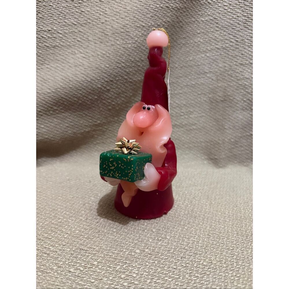 Vintage Northern Lights Candle Santa Gnome Holding Glitter Green Present Gift 7”